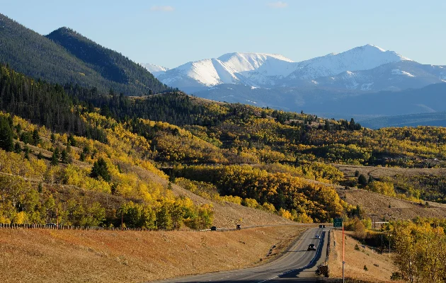 A scenic view of a winding road leading to snow-capped mountains surrounded by trees with yellow leaves.